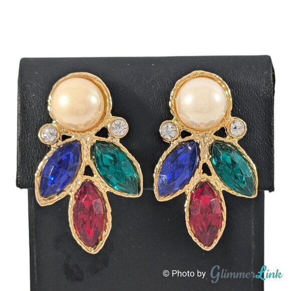 VTG Large Multicolor Acrylic Rhinestones Faux Pearl Gold Tone Clip On Earrings - Picture 1 of 8